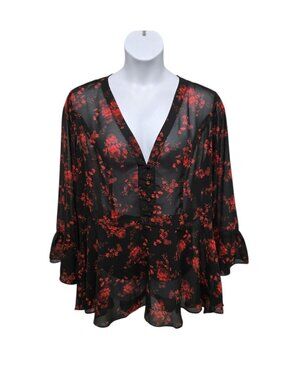 City Chic Julissa Top Flare Sleeve SZ Large 20 Red Floral Dark Fairy Whimsigoth